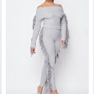 No 1 Gray heavy cable knit 2pc fringe pants set